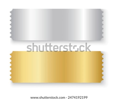 Blank silver and gold ticket mockups. Raffle, win lottery, coupon offer, jackpot lotto shining surface. Cards for entrance or seating in exclusive luxury style. Vector realistic illustration.