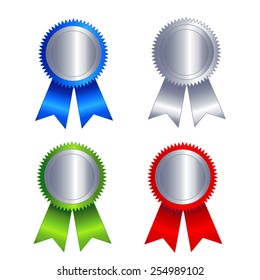 Blank silver seal with colorful ribbons isolated on white background 