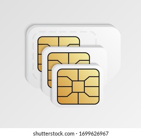 Blank SIM cards in different sizes. Standard, micro and nano phone card.