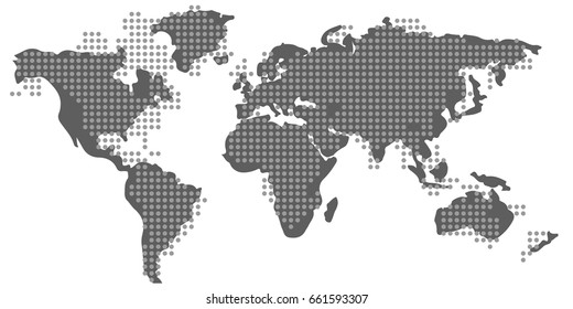 Blank similar and dotted world map isolated on white background. Proportions 1:2. Dotted monochrome worldmap template for citybanner, website, infographics and more. Flat Earth map vector illustration