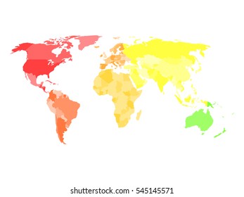 Blank simplified political map of world with different colors of each continent - North America, South America, Europe, Africa, Asia and Australia. Vector illustration