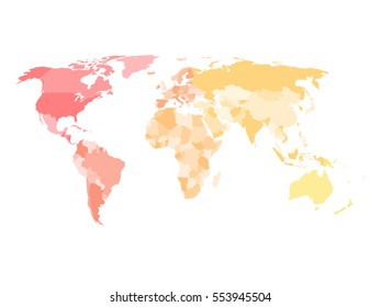 Blank simplified political map of world with different colors of each continent - North America, South America, Europe, Africa, Asia and Australia. Vector illustration