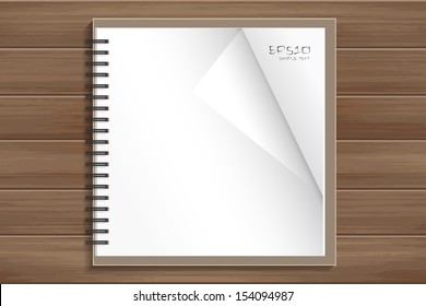 Blank sketch book with corner fold on wooden background - Vector illustration
