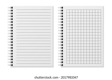 Blank sketchbook. Realistic padded diary notebook with dots and lines on metal spiral. White copybook sheets, paper open organizer, office or school stationery. Vector isolated set