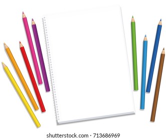 Blank Sketchpad with colored crayons spaced around the blank paper waiting for the artists inspiration and creative ideas - isolated vector illustration on white background.