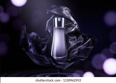 Blank Skincare Container With Dark Purple Satin Element On Glittering Background In 3d Illustration