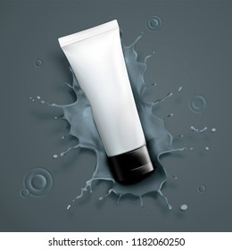 Blank skincare product dropping into mud in top view angle, 3d illustration