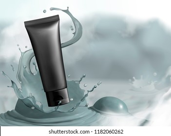 Blank skincare product with swirling mud on steaming background, 3d illustration