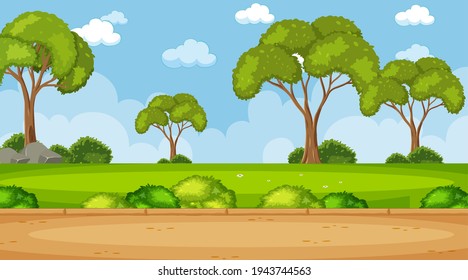 Cielo en blanco en la escena del parque con muchas ilustraciones arbóreas