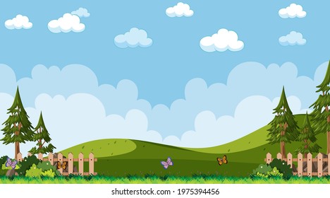 Blank sky in the park scene with many trees and meadow illustration