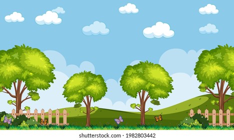 Blank sky in the park scene with many trees and meadow illustration