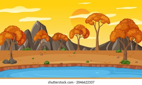 Blank sky in the park scene at sunset time with many trees illustration