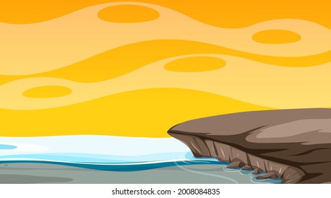 Cielo en blanco en la escena del atardecer con ilustración del paisaje de inundación en blanco