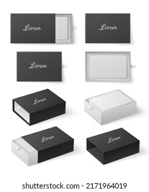 Blank sliding drawer box with puller for branding presentation, realistic vector illustration isolated on white background. Gift boxes templates with black outer package.