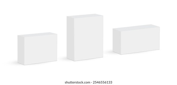 Blank Small Paper Packaging Rectangular Boxes Mockups, Isolated On White Background. Vector Illustration