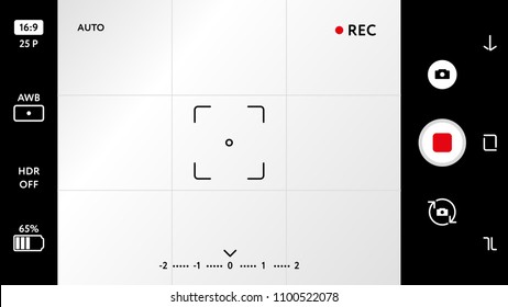 Blank smart phone camera focusing screen with exposure, zoom zone and options. Digital camera viewfinder grid with many shooting settings. Realistic template for your design vector illustration.