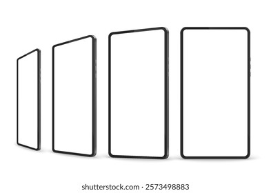 Blank smartphone mockup front, side view. Mobile phone from different sides isolated on white background.