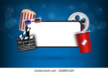 Blank smartphone with popcorn, film strip, clapperboard on blue background, online streaming movie concept, vector iluustration
