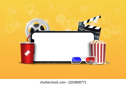 Blank smartphone with popcorn, film strip, clapperboard on yellow background, online streaming movie concept, vector iluustration