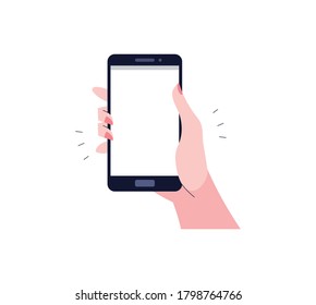 Blank smartphone screen, holding mobile phone with one hand.