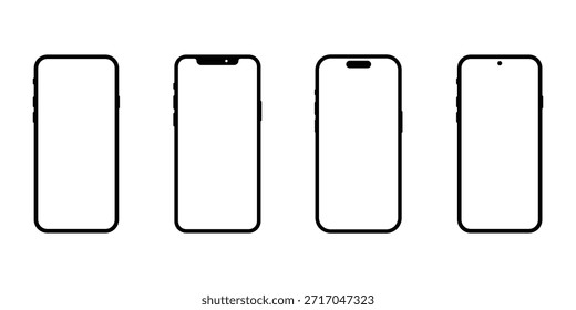 Coleção de telas de smartphones em branco. Vetorize vários designs modernos de frente de telefone com painéis finos e cantos arredondados. Conjunto de maquete de telefone inteligente, modelo de tecnologia Smartphone, vetor realista .  