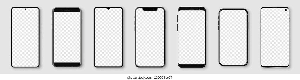 Plantilla de smartphone en blanco. Conjunto de diferentes teléfonos inteligentes con pantalla en blanco. Ilustración vectorial