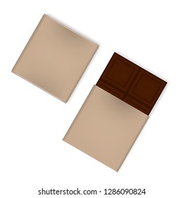 Blank snack chunk wrapper, vector mockup. Small dark chocolate bar packaging isolated on white background, template