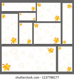 Blank social media post set with shiny yellow maple leaves decorated on white background.