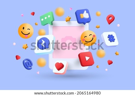 Blank Social network post surrounded with floating elements on blue background. Modern minimal design. 3d vector illustration