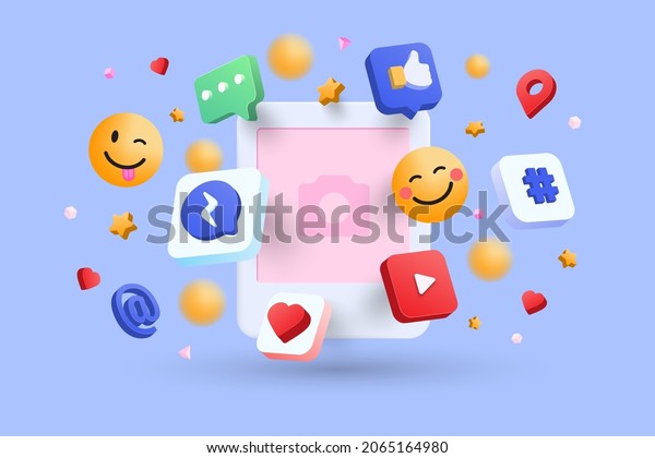 Blank Social network post surrounded with\
floating elements on blue background. Modern minimal design. 3d\
vector illustration
