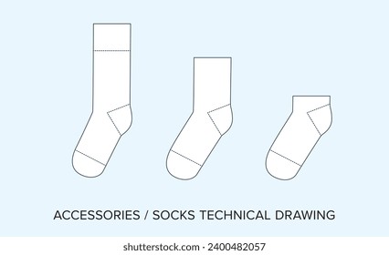 Dibujo técnico de la colección de calcetines en blanco, diseño de diseño para diseñadores de moda. Ilustración de vectores editable detallada, esquemas de accesorios en blanco y negro, fondo aislado