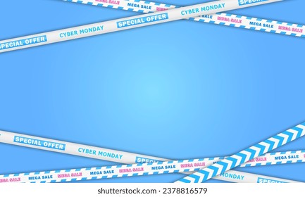 Blank soft blue wallpaper with crossed sale ribbons for Cyber Monday. Banner with discount stripes frame and empty space for text. Marketing, online shopping card