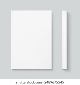 Blank softcover book mockups. Front and side views. Vector illustration isolated on grey background. It can be used for promo, catalogs, brochures, magazines, etc. Ready for your design. EPS10.