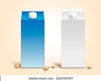 Blank Soy Milk Carton Boxes Set In 3d Illustration With Soybeans