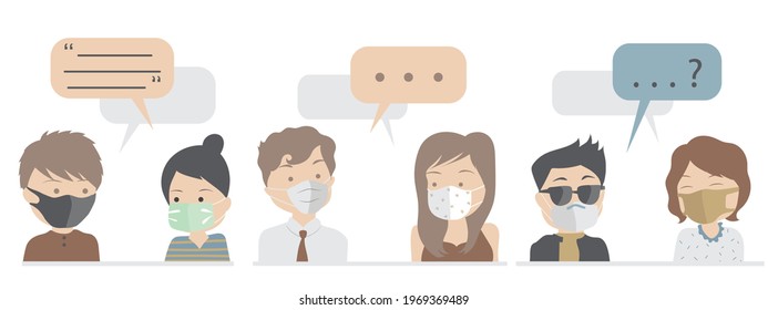 Blank space with people wearing facial mask talk to each other, flat design characters, modern businessman, talking with speech bubbles on their heads
