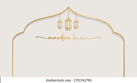 blank space ramadan kareem template for greetings card in white and outline gold lamps and aesthetic fonts and mosque arch