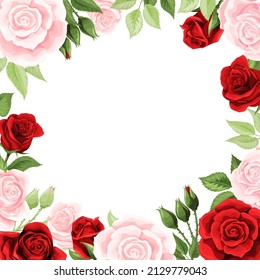 Blank space retro postcard with beautiful cream pink and scarlet red rose buds and green leaves border. Vector empty frame card template. Vintage flowers isolated illustration on white background