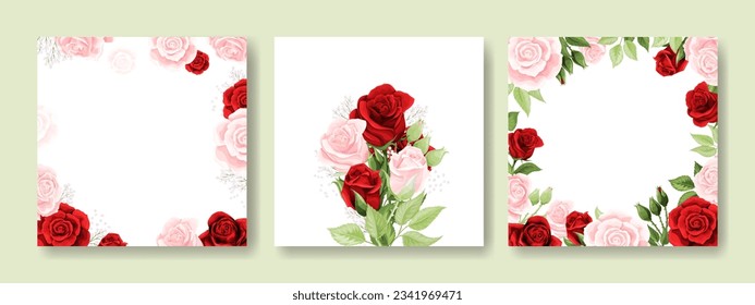 Blank space retro postcard set with beautiful cream pink and scarlet red rose buds and green leaves border. Vector empty frame card template. Vintage flowers isolated illustration on white background