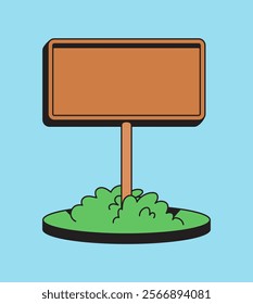 Blank space sign wood plank on Green grass base for custom messaging in hand drawn illustration vector