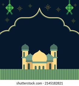 Blank space signboard for Ramadan Kareem greeting with flat design mosque graphic and islamic decorative elements