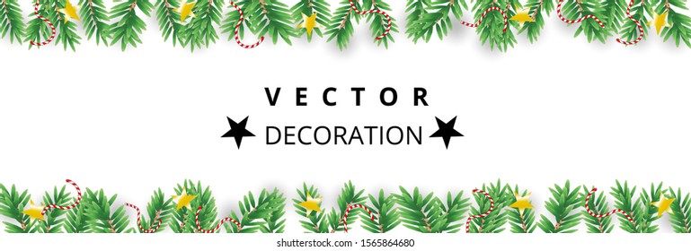 Blank space with tree branches and ornaments isolated on white background. Great for New year cards, banners, headers, party posters. - Vector EPS.10