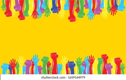 Blank space with various hands on yellow background vector. hands vector at the top and bottom 
