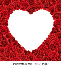 Blank space white heart on red rose flowers background. Happy Valentines Day poster, flyer card, banner, sale tag, postcard template. Beautiful clip-art vector design element