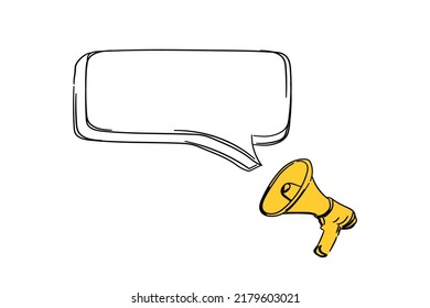 Blank speech bubble come out from a megaphone. Concept of announcement hand drawn vector illustration design