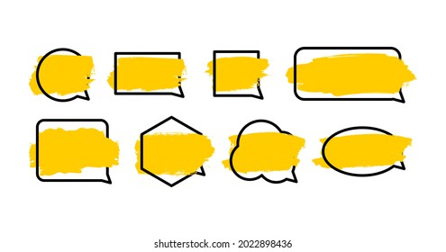blank speech bubble design set with yellow brush stroke black line frame. Message chat talk element shape illustration.