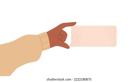 Blank speech bubble in hand. Empty dialog, comment card for chat, quote and thought. Arm showing advertising message, opinion, feedback. Flat vector illustration isolated on white background