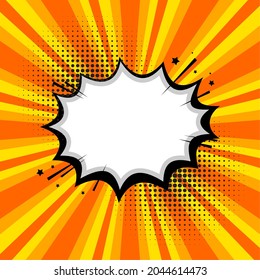 cómic de popart de burbuja de habla en blanco sobre fondo de ráfaga de naranja