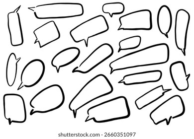 Bolhas de fala em branco desenhadas à mão sobre fundo branco, perfeito para design cômico, conceitos de diálogo ou brainstorming.