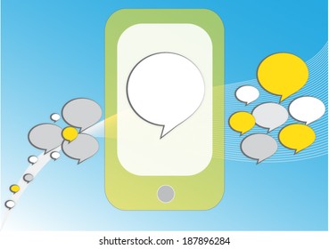 Blank speech bubbles from mobile phone on blue color background 