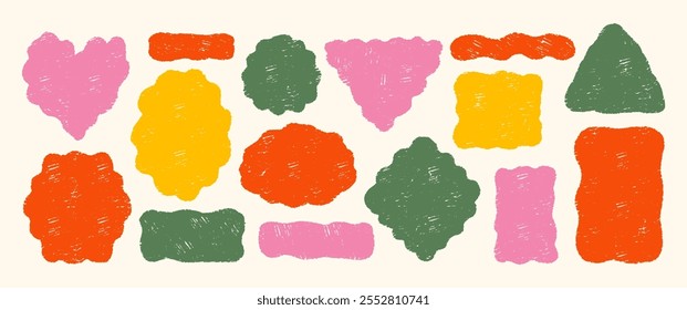 Bolhas de fala em branco. Formas retangulares onduladas orgânicas com textura de giz de cera, pastel ou giz. Ilustração vetorial desenhada à mão colorida.